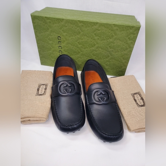 GUCCI AYRTON BLACK SOFT LEATHER INTEROCKING G DRIVER MOCCASINS SHOES SZ UK/G 10+ - Picture 2 of 10